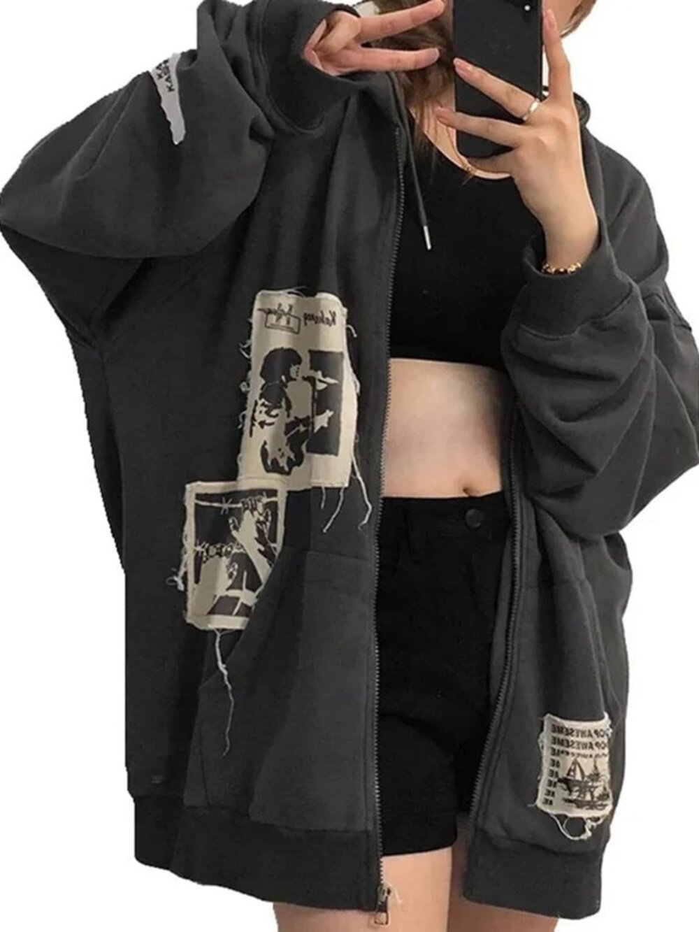 Oversized Zip-Up Hoodie with Rhinestones, Y2K Aesthetic Skeleton Sweatshirt